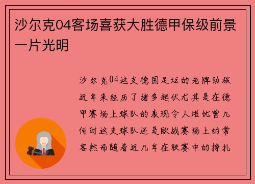 沙尔克04客场喜获大胜德甲保级前景一片光明